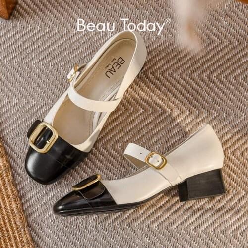 BeauToday Mary Janes Shoes Women Cow Leather Square Toe Buckle Straps Mixed Colors Ladies Flats Handmade 15233