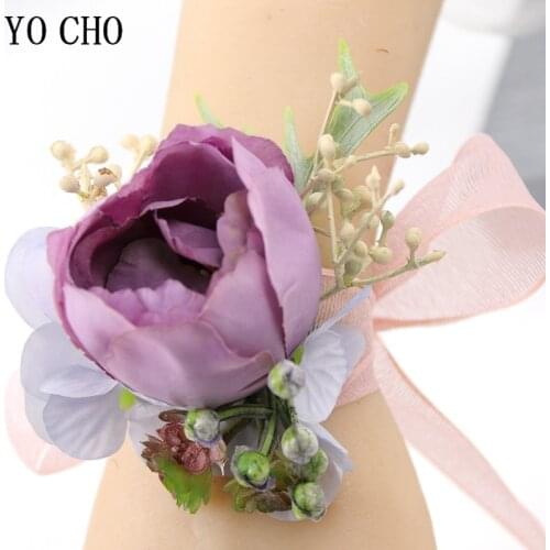 YO CHO Wrist Corsage Bracelet Bridesmaid Flowers Purple Roses Boutonniere Corsage Pins Wedding Groom Boutonniere Buttonhole Prom