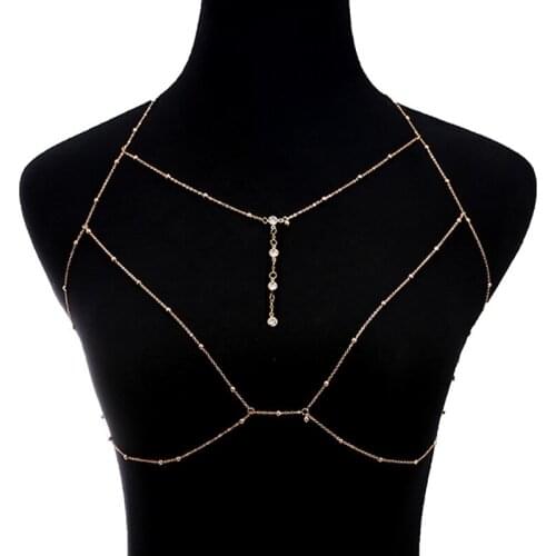 Bra Cross Body Chain Jewelry For Women Crystal Charm Rhinestones Tassel Necklace Beach Gold Silver Color Beads Belt Accessories