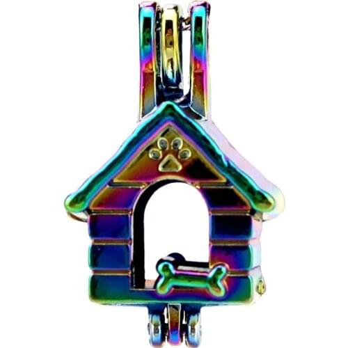 C645 5pcs/lot Rainbow Color Dog House Bone Bead Pearl Cage Locket Pendant Pearl Locket Fairytale Party