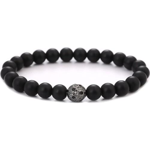 Natural Stone Black Frosted Stone Football Micro Dense Inlaid CZ Bracelet Women Man Couple Love Friendship Lucky Bracelet