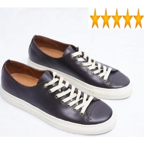 Flat Vintage Cowhide Mens Casual Genuine Leather Men Footwear New Lace Up Round Toe Classic Low Cut Board Shoes Sneakers