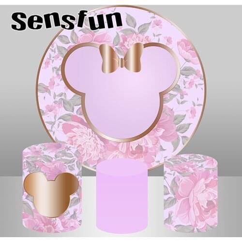 Round Circle Photography Backgrounds Mouse Theme Pink Flowers Girls Birthday Party Baby Shower Backdrop Photo Studio Customized