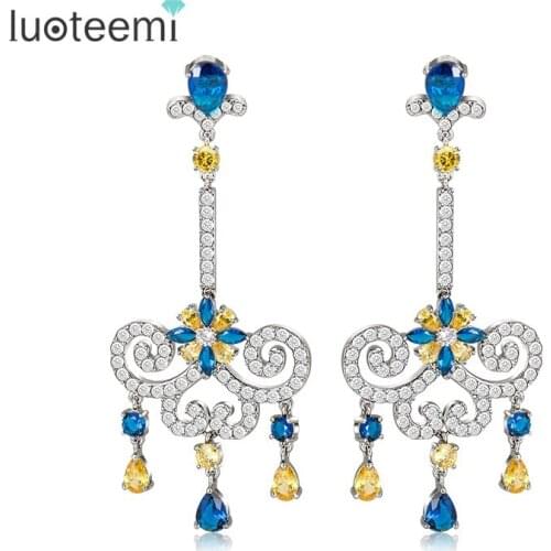 LUOTEEMI New Popular Luxury Unique Europe Vintage Multi CZ Crystal Long Dangle Drop Earrings Brincos For Women Wedding