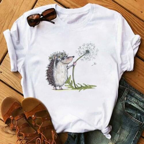 Maycaur New Fashion T-shirt Female Hedgehog with Dandelion Tshirt Loose Summer Short Sleeves Tees Shirt Casual Round Neck Tshirt