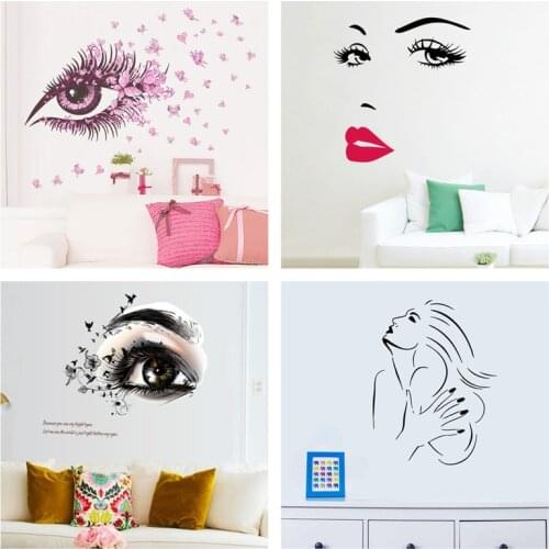 Beautiful Woman Portrait Wall Stickers For Girls Room Barbershop Decoration Eye Red Lip Theme Vinyl Mural Art Diy Home Decals