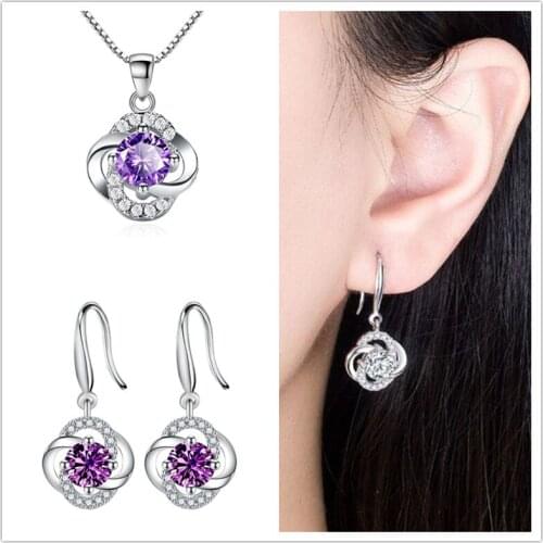 Top Quality 925 Sterling Silver Earrings Necklace Sets Female Jewelry Bright Crystal Clover Pendant Necklace Girl Princess Bijou