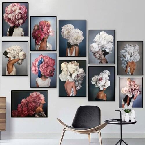 Feather Flower Sexy Woman Head Canvas Poster Nordic Abstract Wall Art Print Painting Modern Decorative Picture Living Room Decor