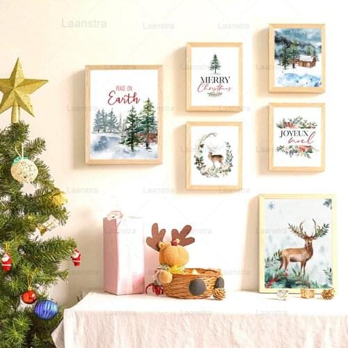 Christmas Canvas Painting Pine Tree Elk Watercolor Feeling Poster Wreath Warm Holiday Posters and Prints Room Decoration Wall