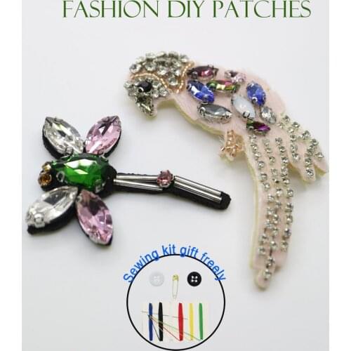 Handmade rhinestone beaded bird Patches for clothes Sew on sequins patch Applique embroidered flower parches bordados para