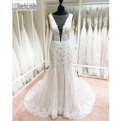 Ivory Lace Sleeveless Mermaid/Trumpet Wedding Dresses Chapel Train Sleeveless Tulle Bridal Gowns Custom Made