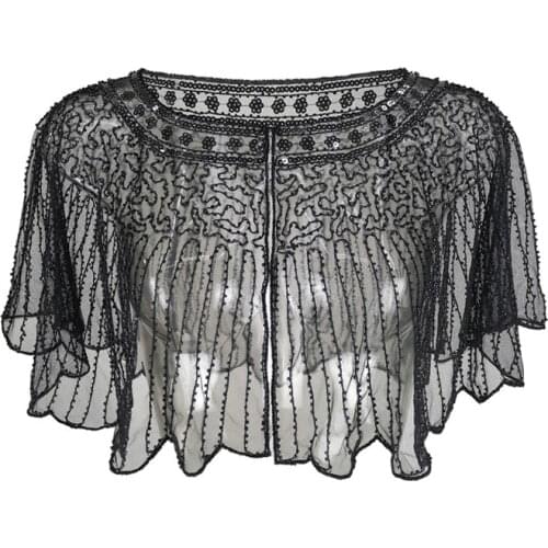 Vintage Women Striped 1920s Shawl Wraps Beaded Sequin Deco Evening Cape Bolero Flapper Cover Up Mesh Shrug