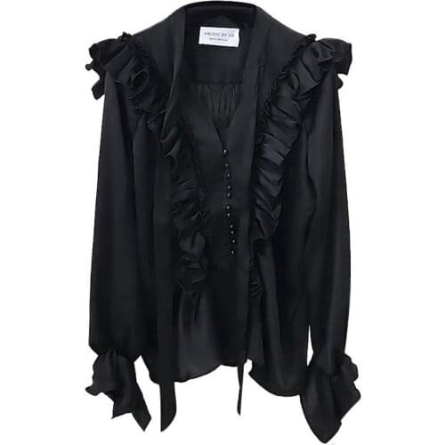 Freeship ladies sexy swan black chiffon lounge long sleeve ruffled collar bowknot Blouses french style shirt