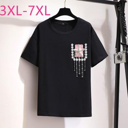 New 2021 summer plus size tops for women large loose casual short sleeve black cotton diamonds O neck T-shirt 4XL 5XL 6XL 7XL