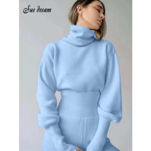 2021 Summer New Womens Casual 2 Two-piece High Neck Long Sleeve Knitted Sweater Pullover & High Waist Pants Slim Sportswear Set