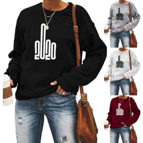 Women Long Sleeve Crew Neck Sweatshirt Funny 2020 Numbers Middle Finger Printed Pullover Tops Solid Color Streetwear