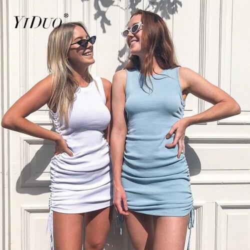 YiDuo 10 Color Solid Ruched Drawstring Sexy Party Dress Women Sleeveless Elastic Mini Dress Fashion Summer Bodycon Clubwear Robe