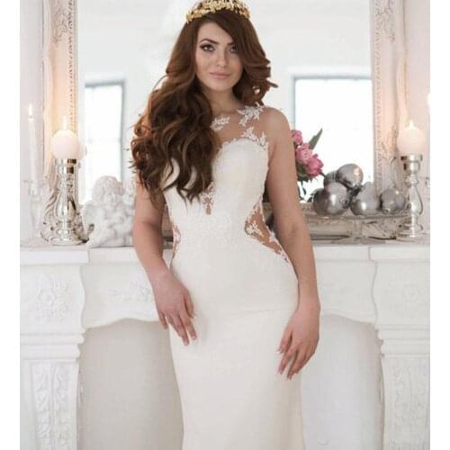 Sexy Illusion Mermaid Wedding Dresses Scoop Neck Lace Appliques Hollow Back Beach Long Bridal Wedding Gowns Formal Dress Custom