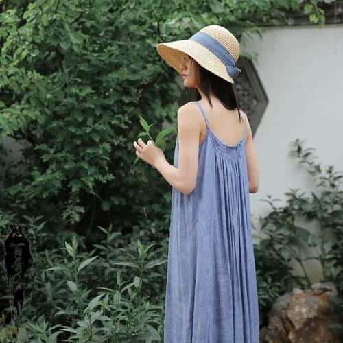 Women Loose Tencel Spaghetti Strap Dress Ladies Vintage Tencel Dresses Female 2020 Summer Dress
