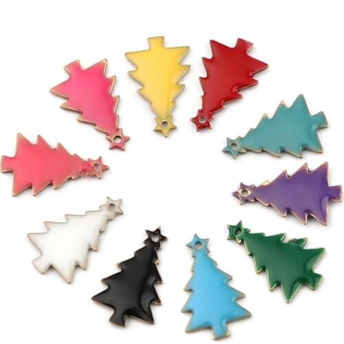 10 PCs Copper Double sided Enamelled Sequins Pendants Enmel Christmas Tree Charms Brass Color For Xmas Jewelry Making 14*7mm