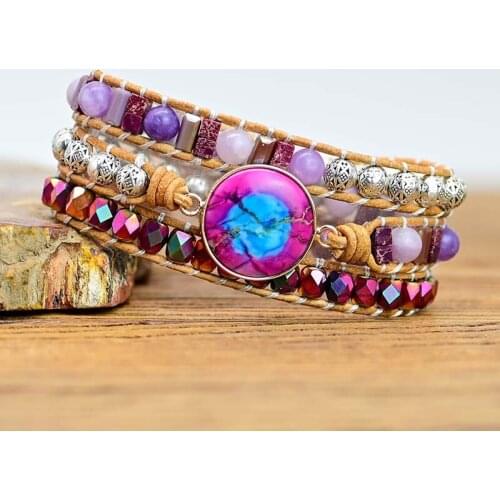 4Unik Women Boho Purple Leather Wrap Bracelets Nautural Stone Tibetan Beads Wristband Bracelet Teengirl Jewelry Bijoux Dropship