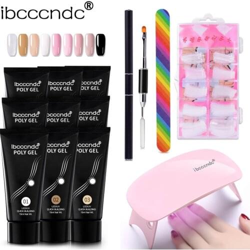 9 color/set 15ml Poly Nail Gel Kit Quick Builder Nail Enhancement With Brush Nail Tips File Mini UV led Nail Lamp 6w