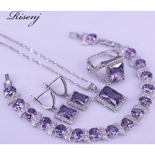 Big Square Purple Crystal & Top Zircon 925 Sterling Silver Jewelry For Women Earrings Ring Necklace Set With Bracelet