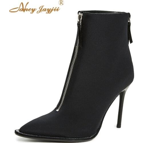 Eri Flock Short Ankle Boots Women Shoes Ladies Party Crystal Front Zip 2021 Autumn Winter Classic Black Super Thin Heels Solid