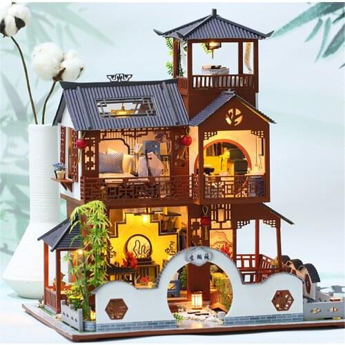 Wooden Miniature Dollhouse Chinese Retro Pavilion With Light DIY Building Model Doll House Furniture Casa Toys For Children Gift