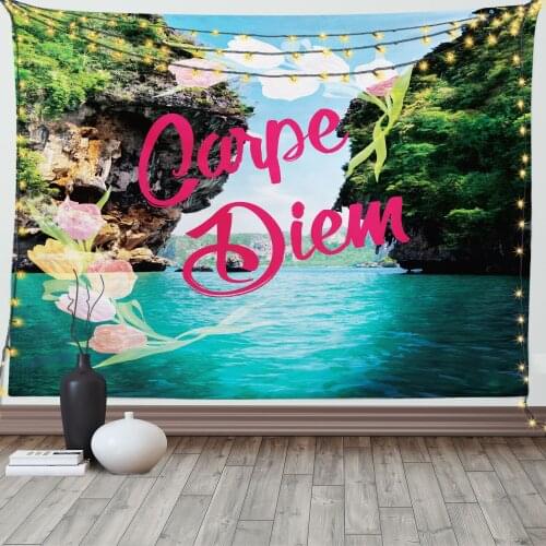 Saying Tapestry Carpe Diem Typography and Wild Nature Satin Fabric Wall Hanging for Bedroom Living Room Dorm Meeting Background