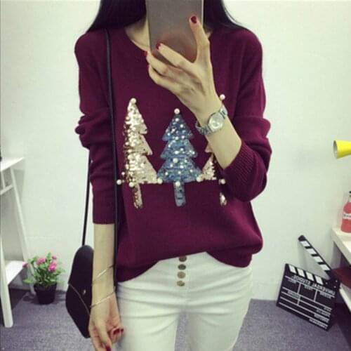 Hiqh Quality New Fall Winter Women Christmas Sequins Pearl beaded Embroidery Luxury Knitting Sweater Loose Casual Pullover Tops