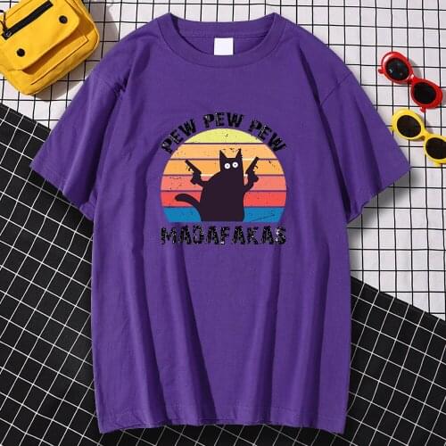 Cotton Madafakas Pew Pew Black Cat Cartoon Male T Shirts Summer 2021 TShirt Tops Tees Loose T Shirt Harajuku Brand Tee Shirt