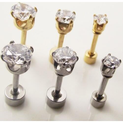 2 pcs 16G 1.2mm Gold 316L Surgical Steel Stud Labret Ring Ear Sparkling Zircon Lip Helix Tragus Piercing