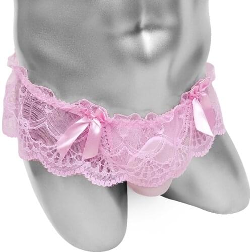 Floral Lace Sissy Pouch Panties With Bulge Pouch Sexy Lingerie Skirted See Through Mesh Thong Underwear Bowknot Gay G strings