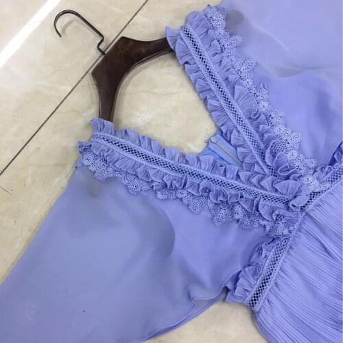 Summer 2021 Beach Womens Runway Fashion Cloak Sleeve Deep V-Neck Ruffles Lace Sky Blue Plus Size Party Dress
