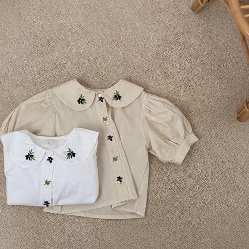 Hot Summer New Design 2-6 Years Birthday Gift Sweet Cute Blouse Peter Pan Collar Short Sleeve Baby Kids Girls Embroidery Shirt