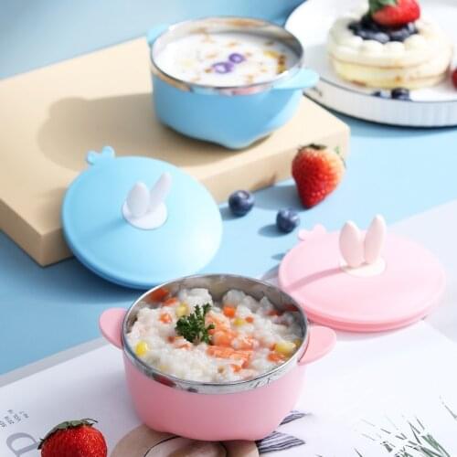 Cute Stainless Steel Baby Bowl Anti-scald Kid Food Container Thermal Insulation Infant Feeding Bowl Rabbit Kitchen Tablewear