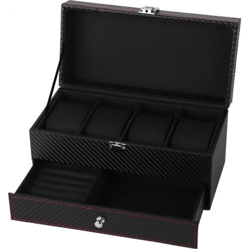Fashion 4 Grids Double Layers Watch Box Case Carbon Fiber Watch Rings Earrings Display Storage Holder Organizer Jewelry Box Gift