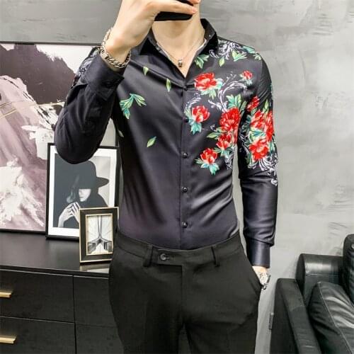 Fashion Floral Shirts Men Streetwear Casual Shirt Long Sleeve Slim Fit Social Blouse Party Nightclub Men Clothing Chemise Homme