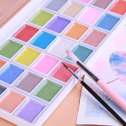 Professional Metallic Watercolors 28 Pearl Paint Pigment Drawing Set With Watercolor Paper for Nail Art & Water Color Painting