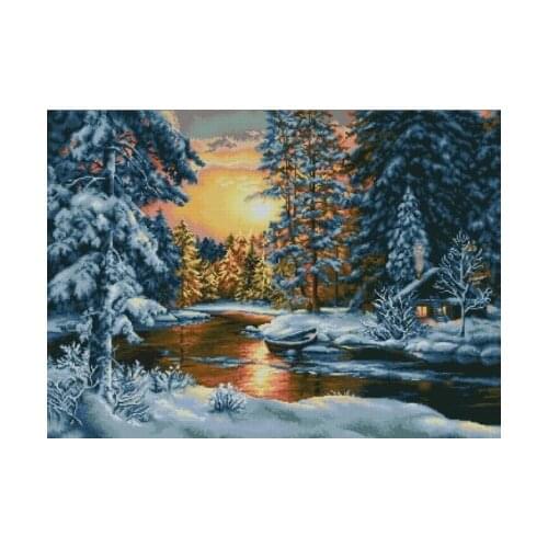 Winter Scenery Evening Sunset Snow Lake Forest Embroidery Needlework 14CT Unprinted Cross Stitch Kits DIY Handmade Home Decor