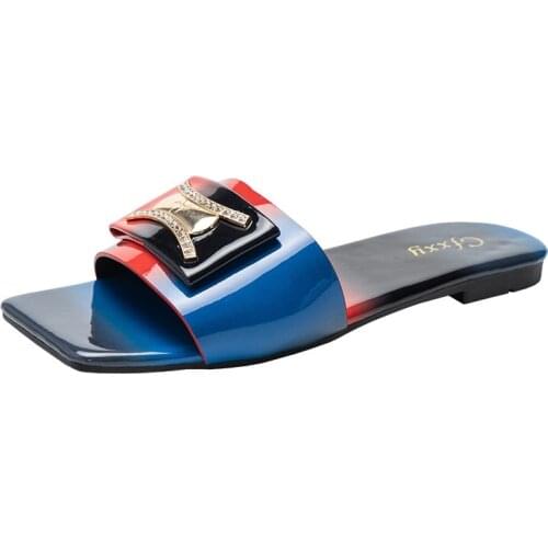 New 2021Fashionable Metal Flat Heel Square Cortex Sandals Toe Boots Open Beach Shoes Casual Summer Slippers Womens Wedge 37-42