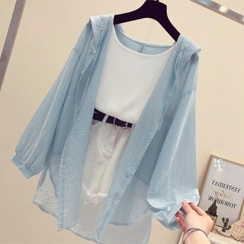 Solid hooded loose women shirts 2020 v-neck lantern sleeved sun-proof casual all match outwear coat tops