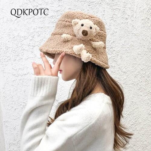 Hat Autumn Winter Women New Three-Dimensional Bear Bucket Hats Fashion Lmitate Lambswool Student Lovely Keep Warm Cap QDKPOTC