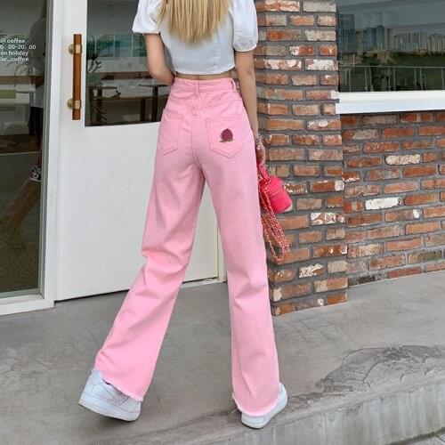 Autumn New Style Womens Soft Girl Peach Blossom Embroidery Pink Wide-Leg Jeans Korean Commuter High-Waisted Straight-Leg Pants
