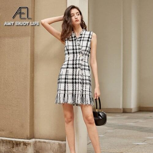 AEL black white plaid Tweed vest dress for women 2020 Early autumn fashion ladies casual streetwear