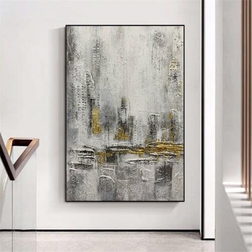 Hand Painted Wall Art Painting Abstract City Landscape Canvas Oil Painting OLD NEWYORK Gray Gold Wall Picture Living Room Decor