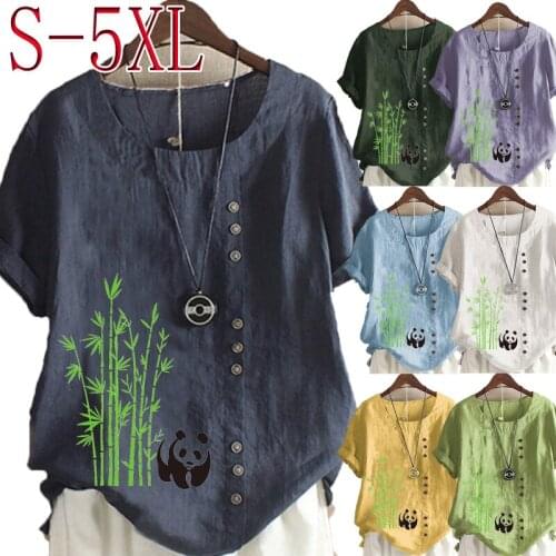 Womens New Fashion Linen Shirt Round Neck Short Sleeve Floral Printed T-shirt Summer Ladies Casual Plus Size Blouse Tops