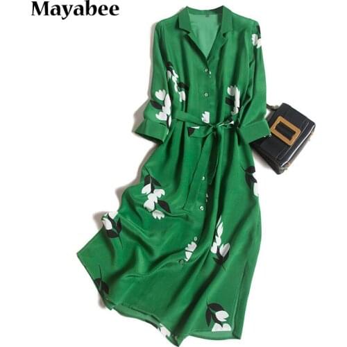 Emerald Silk Printed Shirt Skirt Womens Mid-Length Lace-Up Elegant Long-Sleeved Dress 2021 Spring New