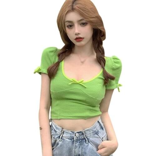 Womens Summer Fashion U Neck Color Contrast Sexy Slim Navel Exposed Knitted Short Sleeve T Shirt Crop Tops